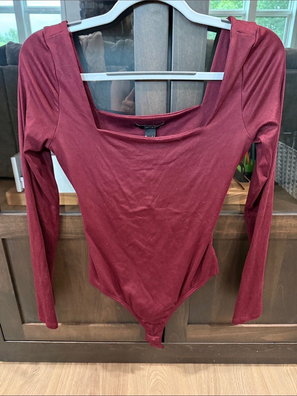 Forever 21 Long Sleeve Square Neck Bodysuit in Wine